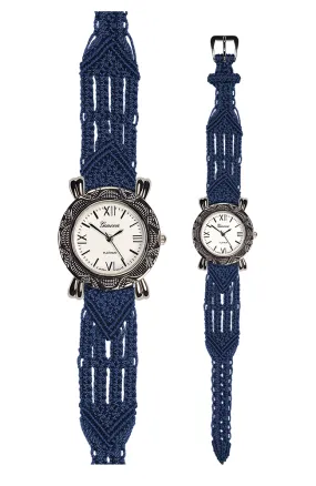 106 Navy - Wide with Bali Style Round Etched Silver Watch