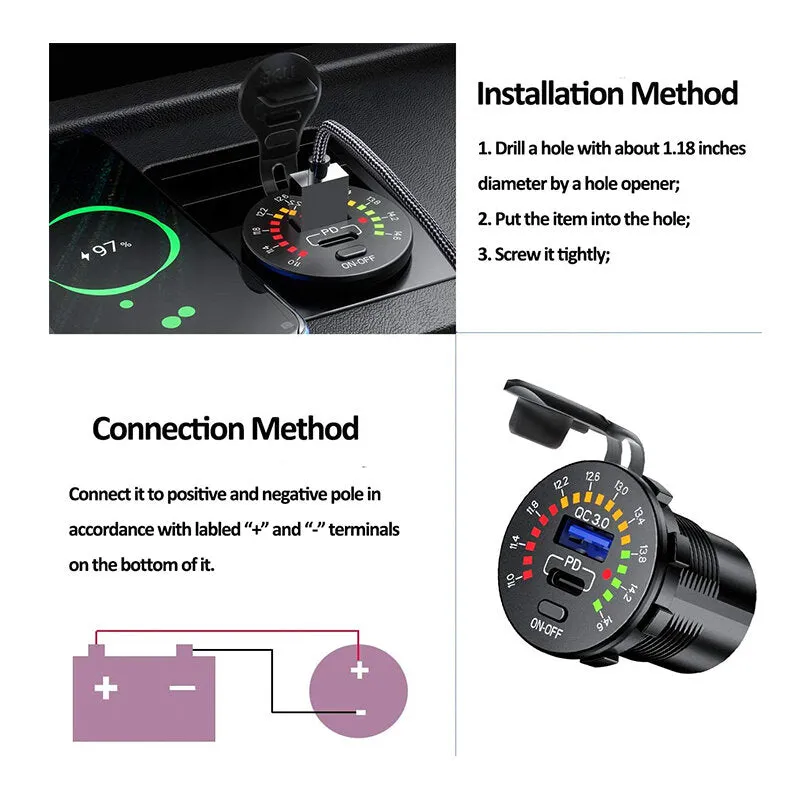 12-24V Dual USB Car Charger Socket PD QC3.0 With Colorful Voltmeter ON/OFF Switch for Bus Trailer Boats