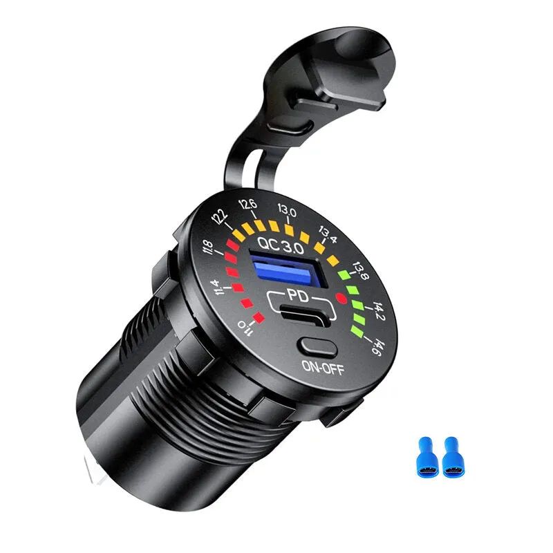 12-24V Dual USB Car Charger Socket PD QC3.0 With Colorful Voltmeter ON/OFF Switch for Bus Trailer Boats