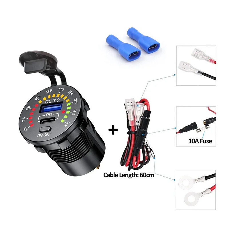 12-24V Dual USB Car Charger Socket PD QC3.0 With Colorful Voltmeter ON/OFF Switch for Bus Trailer Boats