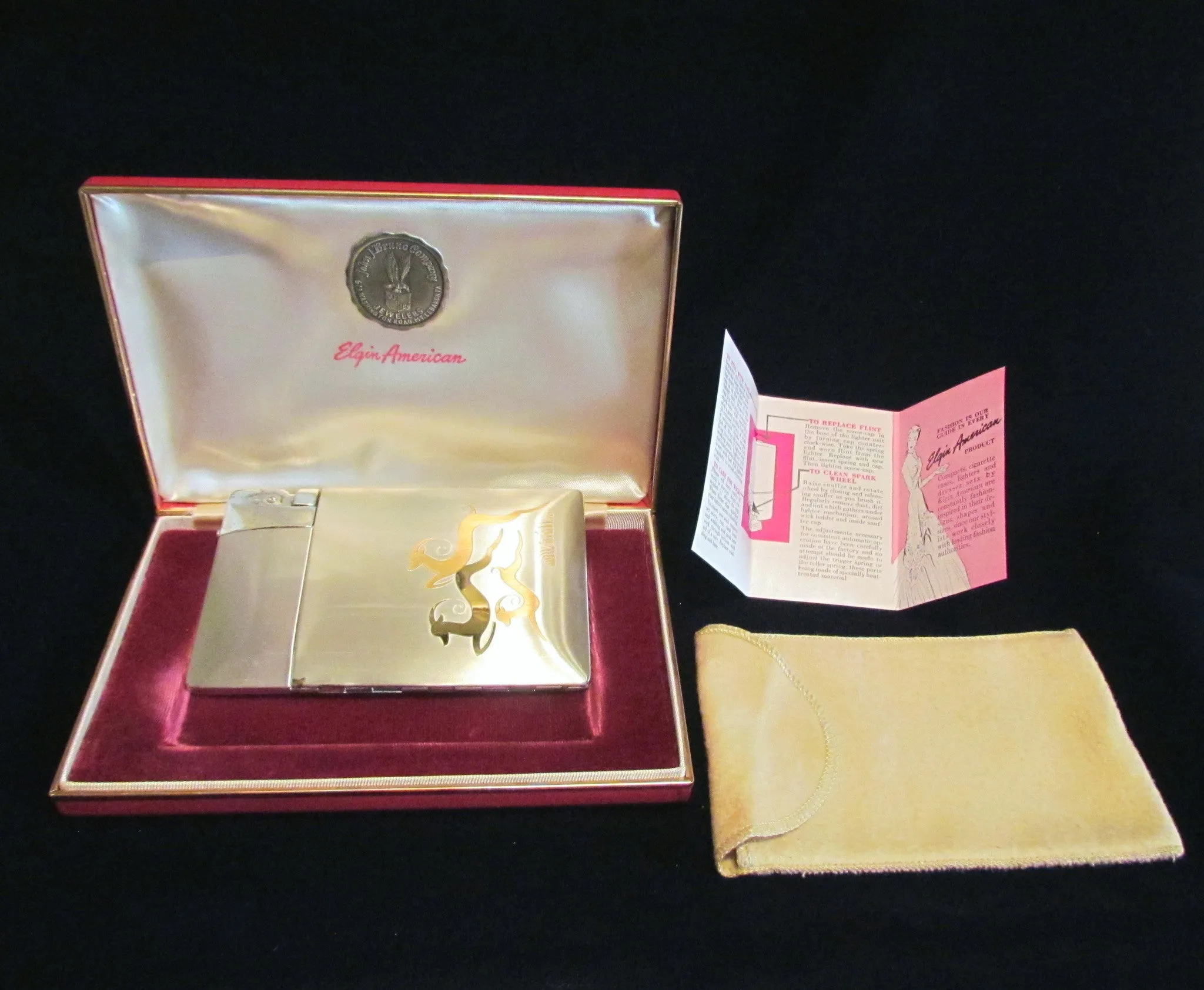 1940's Lite-O-Matic Gazelle Cigarette Case Elgin American Original Box Stunning Working Case Lighter