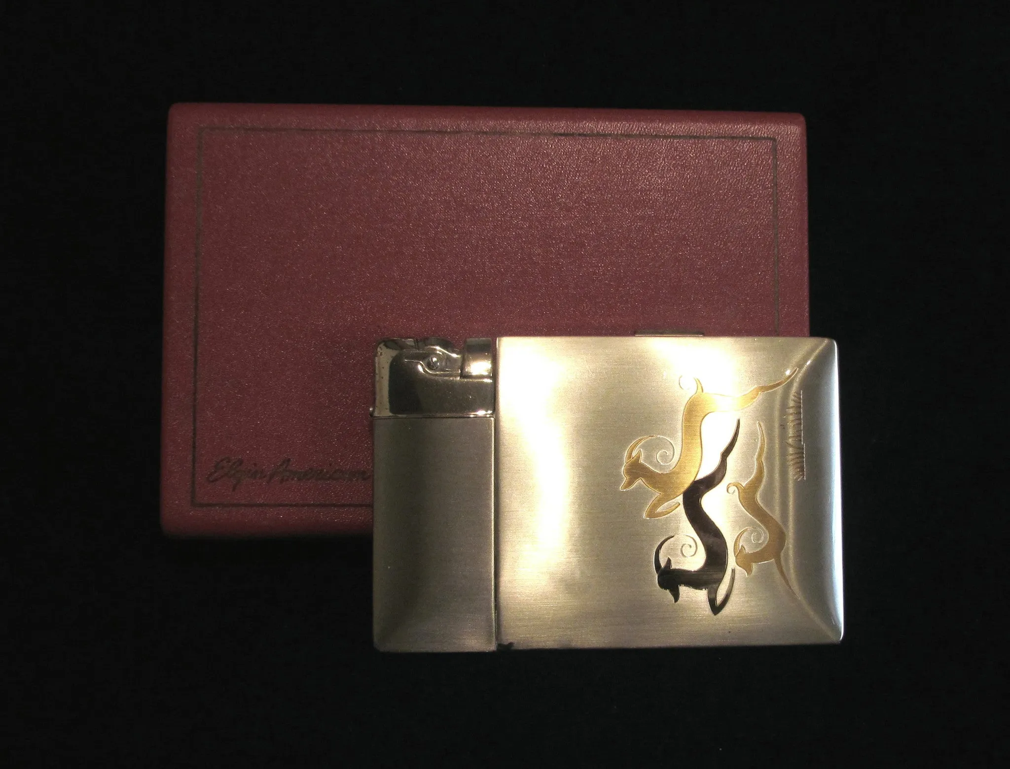 1940's Lite-O-Matic Gazelle Cigarette Case Elgin American Original Box Stunning Working Case Lighter