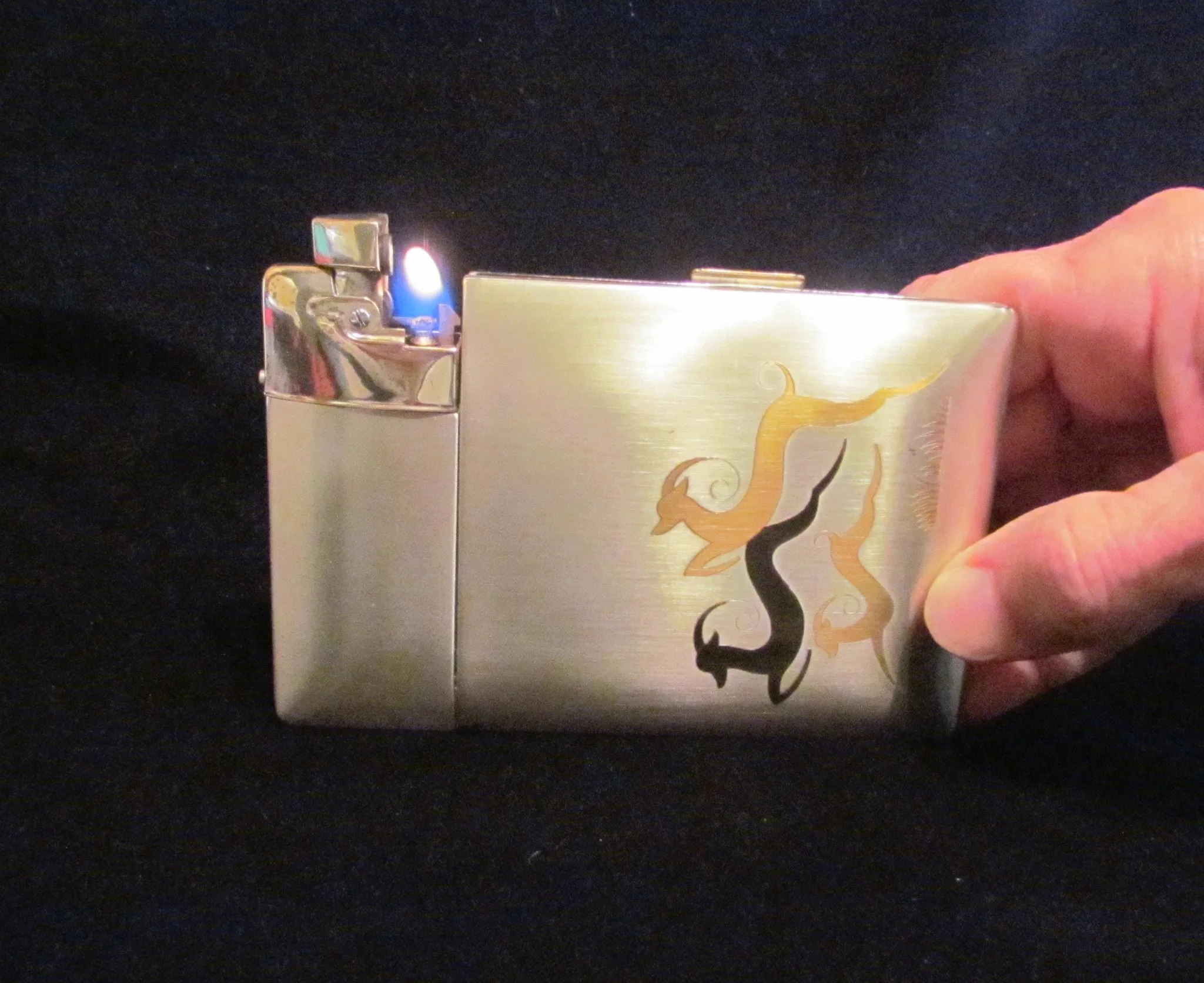 1940's Lite-O-Matic Gazelle Cigarette Case Elgin American Original Box Stunning Working Case Lighter