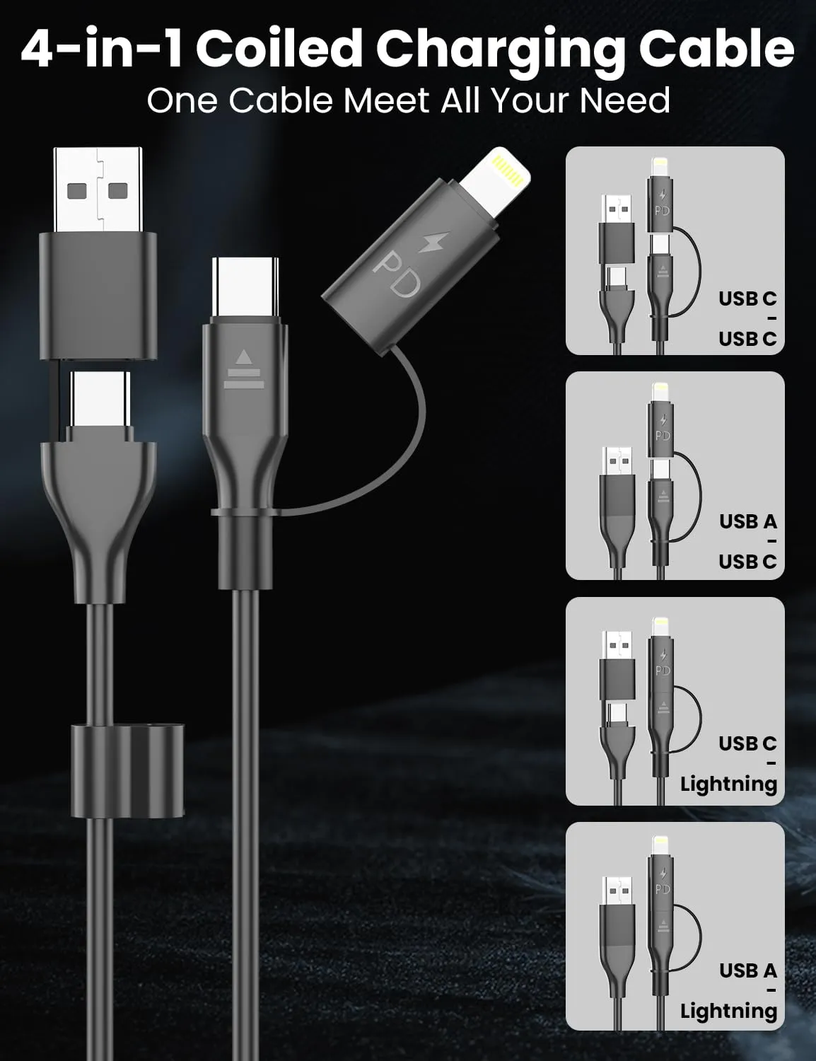 2 Pack Coiled USB C Cable, 3FT, USB C and Lightning Cable 2 in 1 iPhone 15 Car Charger Cord, 60W Fast Charging Cable for iPhone 15/15 Pro/15 Pro Max, Samsung, Supports Apple CarPlay & Android Auto