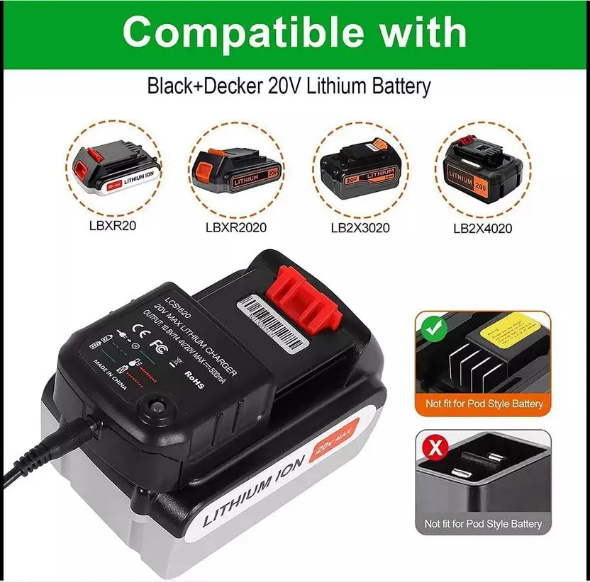 20V Battery Charger for BLACK DECKER 20V Lithium-Ion Batteries LCS1620