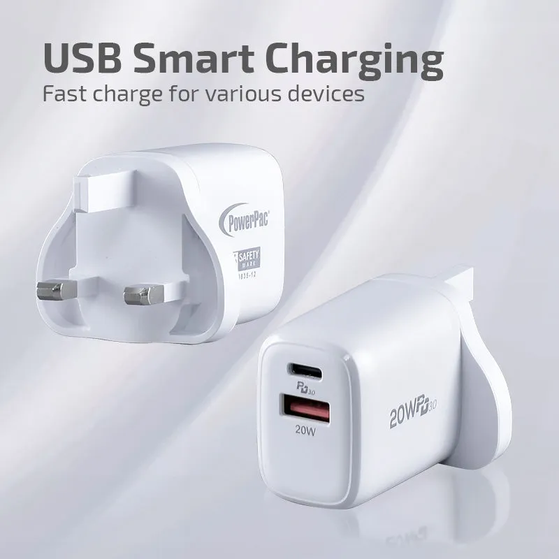 20W Charger Fast Charge QC3.0, PD 3.0 USB Smart Charger, TYPE A, TYPE C (PP7982) White