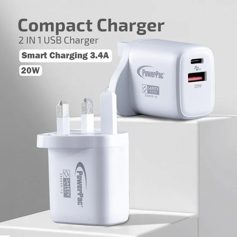 20W Charger Fast Charge QC3.0, PD 3.0 USB Smart Charger, TYPE A, TYPE C (PP7982) White