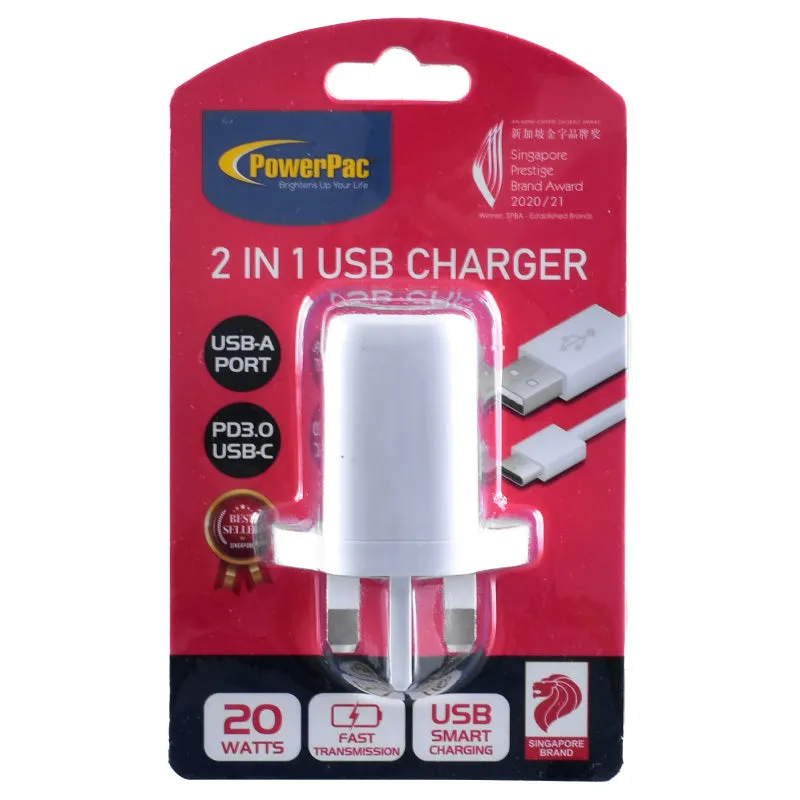 20W Charger Fast Charge QC3.0, PD 3.0 USB Smart Charger, TYPE A, TYPE C (PP7982) White