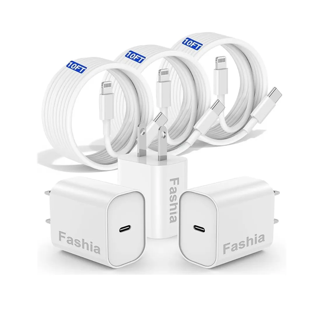 3-Pack 20W MFi Certified USB-C Charger Adapter with 10ft Lightning Cable