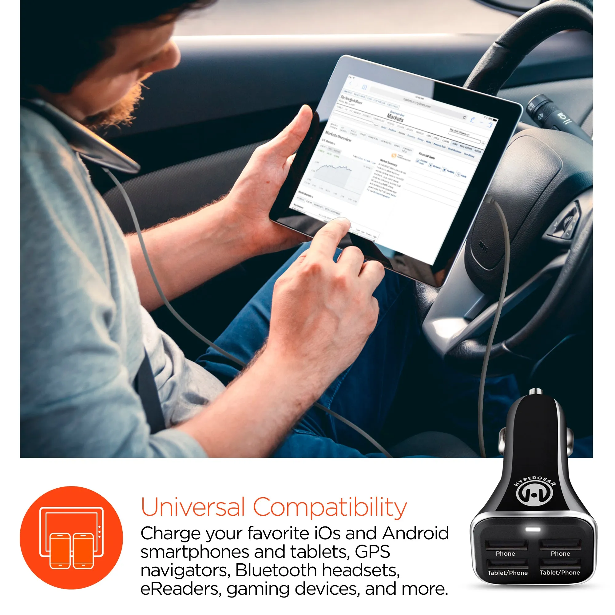 34W Quad USB Car Charger | Black