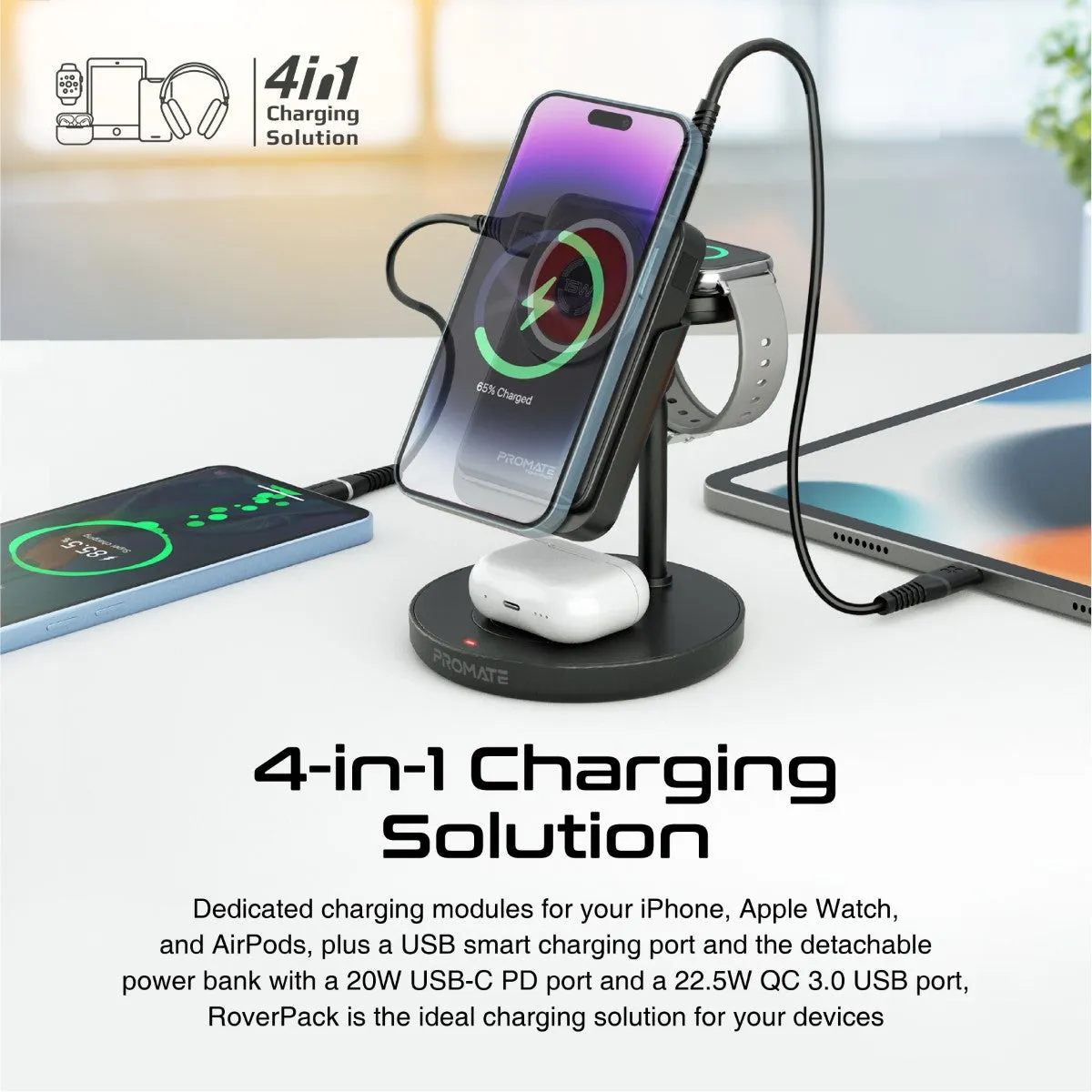 4-in-1 Charging Station with MagSafe Compatible Wireless Charging Power Bank, AirPods Charger & Detachable Apple Watch Charger