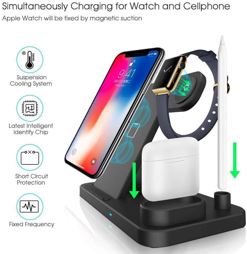 4 in 1 Wireless Charger, Qi 10W Fast Charging Station for iWatch Airpods iPhone Samsung