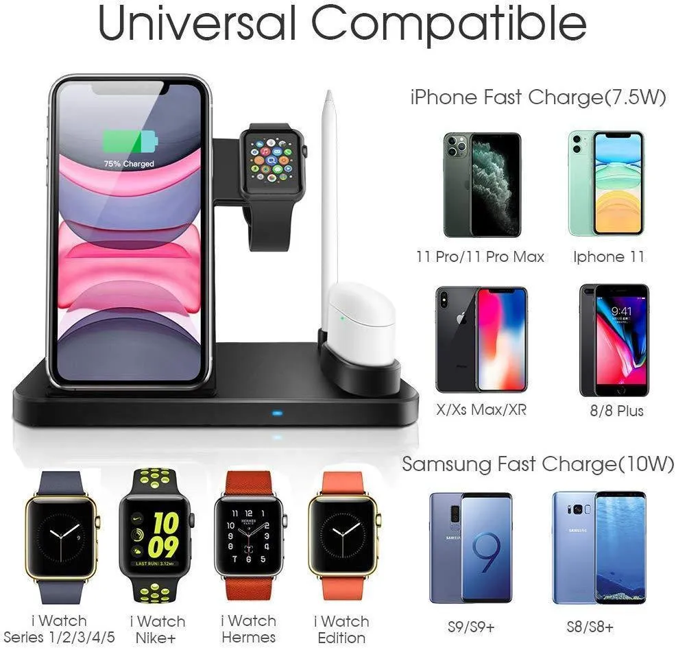 4 in 1 Wireless Charger, Qi 10W Fast Charging Station for iWatch Airpods iPhone Samsung