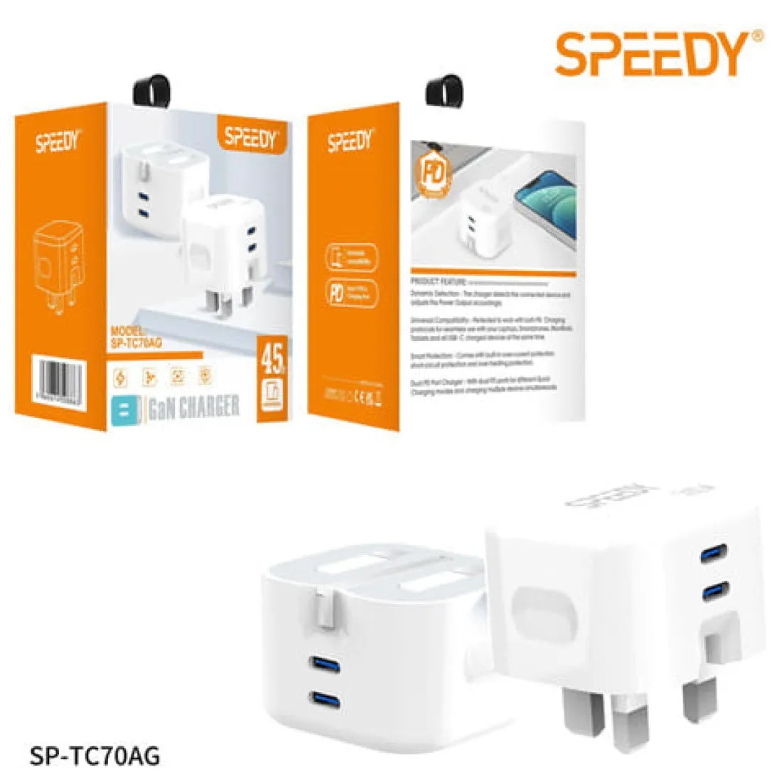 45W Rapid Speedy Mains Charger Dual USB-C ports plug