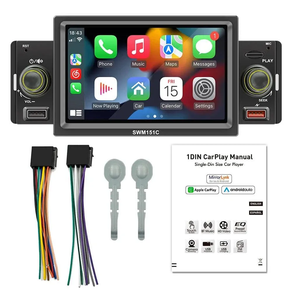 5 Inch Car Stereo MP5 Player Single Din BT FM Radio Receiver with Carplay Android Auto Support Hands-Free Calling USB Charge