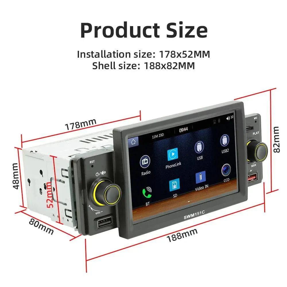 5 Inch Car Stereo MP5 Player Single Din BT FM Radio Receiver with Carplay Android Auto Support Hands-Free Calling USB Charge