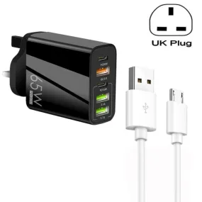 65W Multi-Port Charger with Dual PD Type-C and 3 USB Outputs, Includes 3A USB to Micro USB Cable, UK Adapter