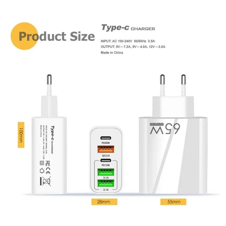 65W Multi-Port USB Charger with Dual PD Type-C and 1m Data Cable, US Plug