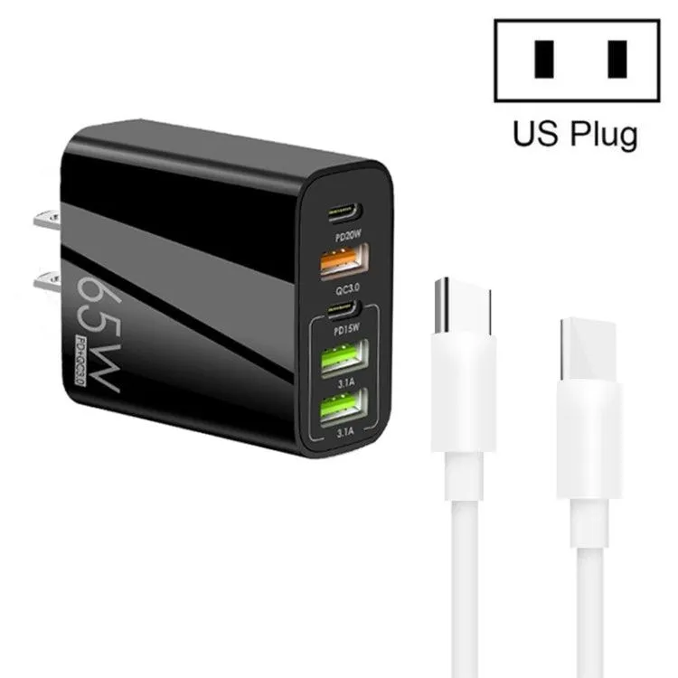 65W Multi-Port USB Charger with Dual PD Type-C and 1m Data Cable, US Plug