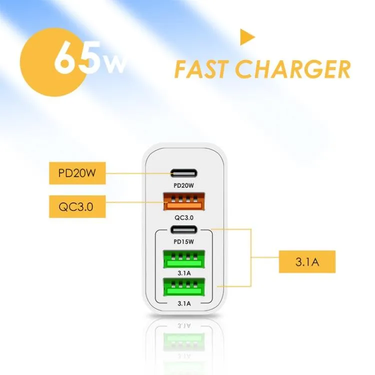 65W Multi-Port USB Charger with Dual PD Type-C and 1m Data Cable, US Plug