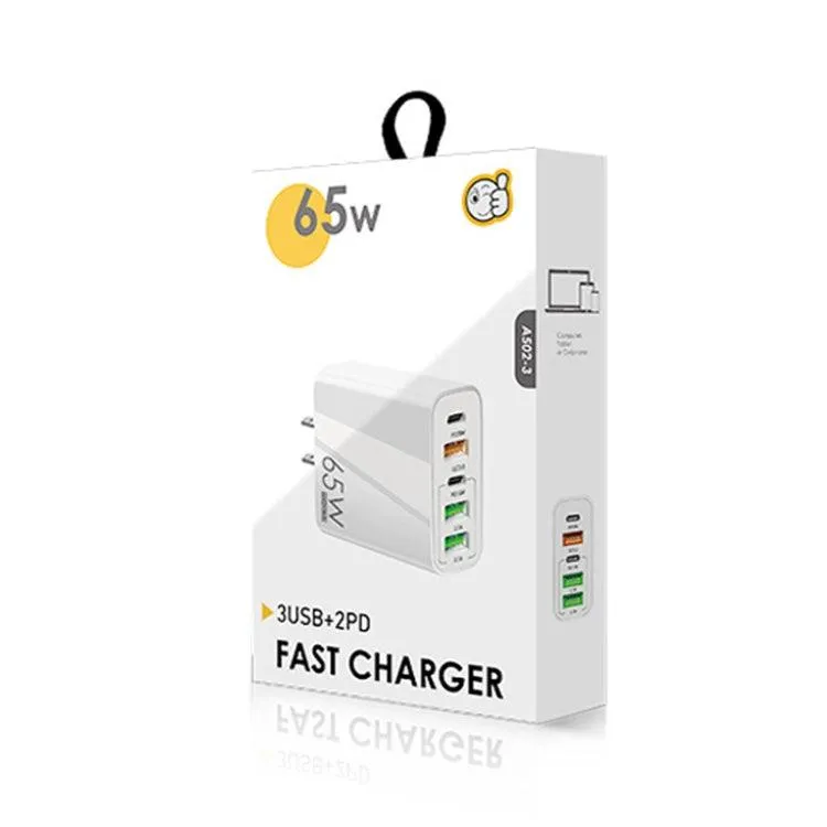 65W Multi-Port USB Charger with Dual PD Type-C and 1m Data Cable, US Plug