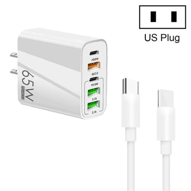 65W Multi-Port USB Charger with Dual PD Type-C and 1m Data Cable, US Plug