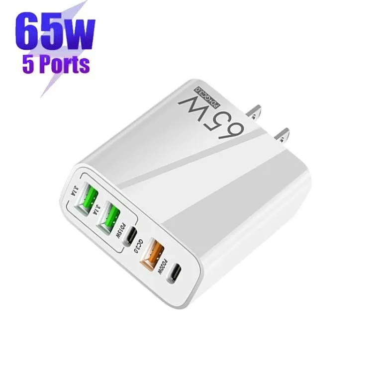 65W Multi-Port USB Charger with Dual PD Type-C and 1m Data Cable, US Plug