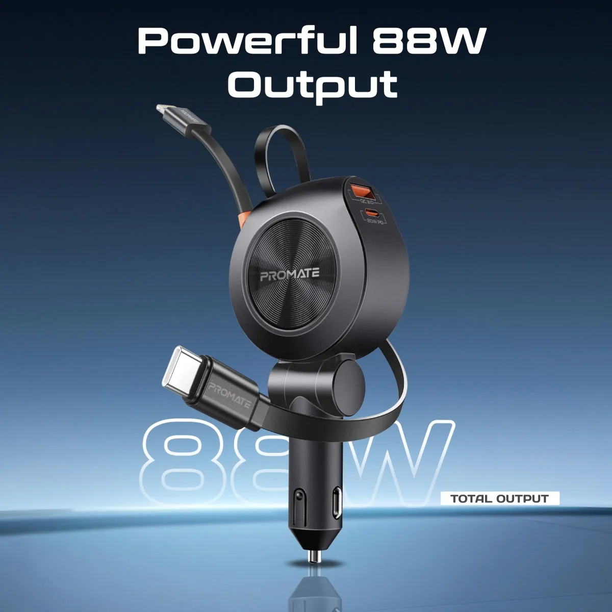 88W Multi-Port Car Charger with Dual Retractable USB-C Cables