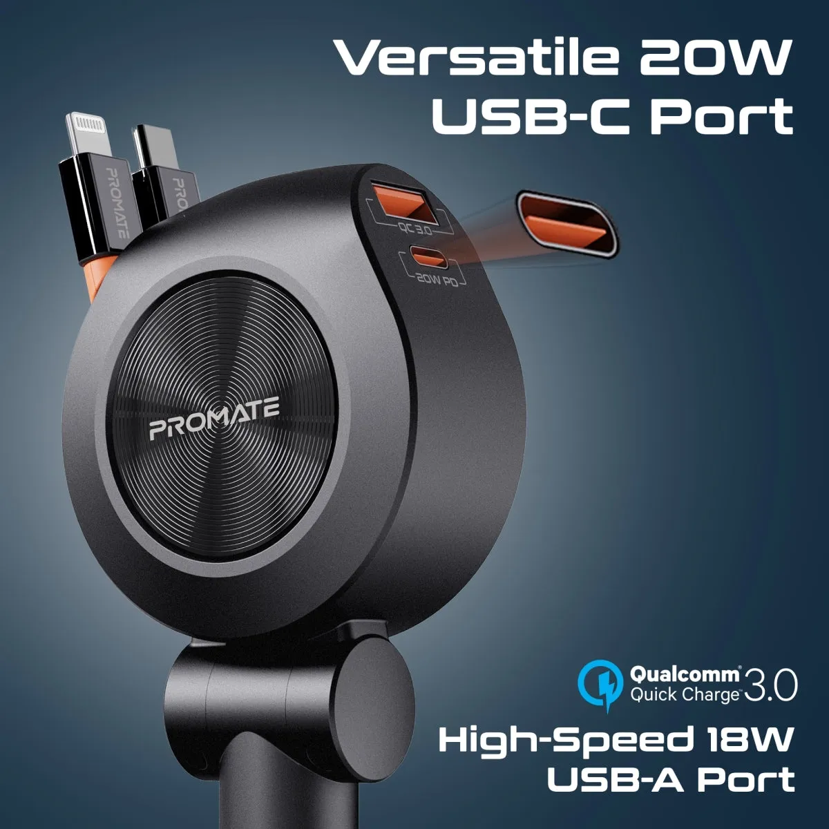 88W Multi-Port Car Charger with Dual Retractable USB-C Cables