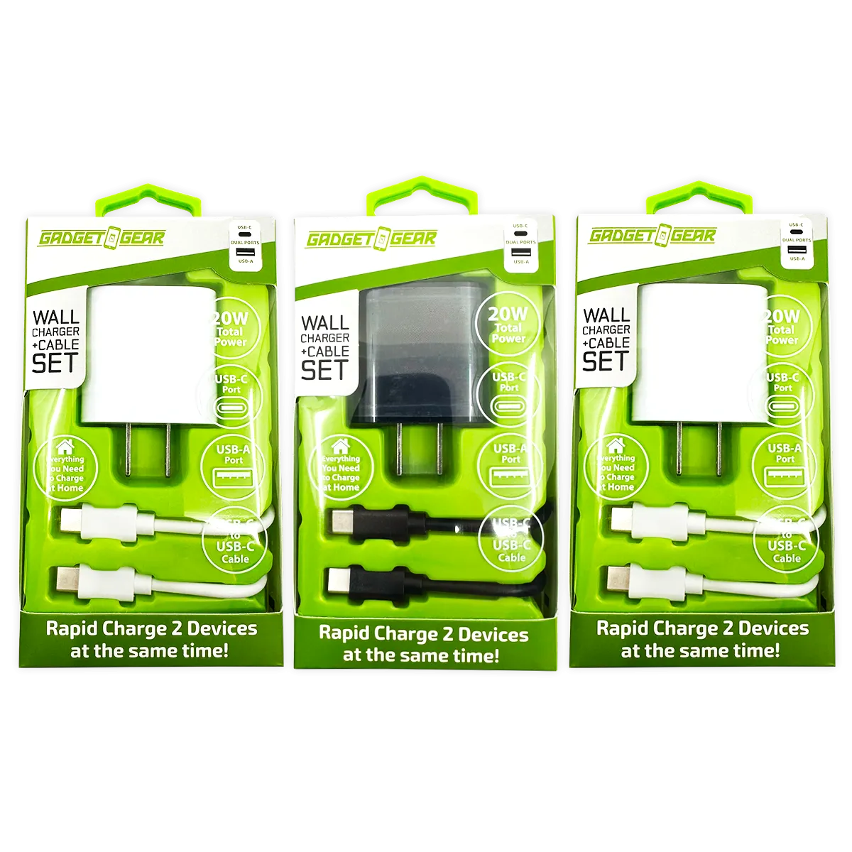 AC Wall Charger Dual USB / USB-C Ports with USB-C to USB-C Charging Cable Set 20 Watts - 3 Pieces Per Set 24628