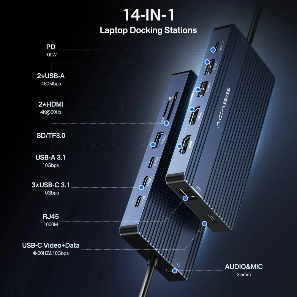 Acasis 14 Ports 4K 60Hz USB C Docking Station with PD 100W Charging