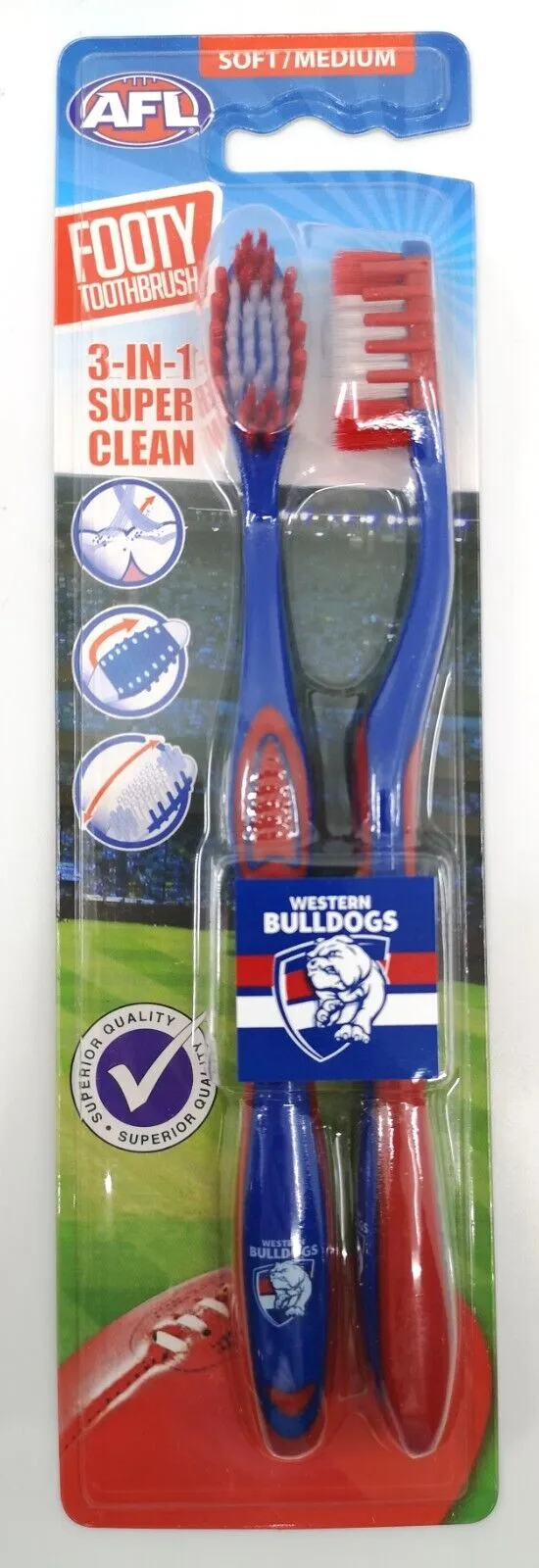 AFL Adult Toothbrush Twin Pack - Western Bulldogs - Set of Two - Soft/Medium