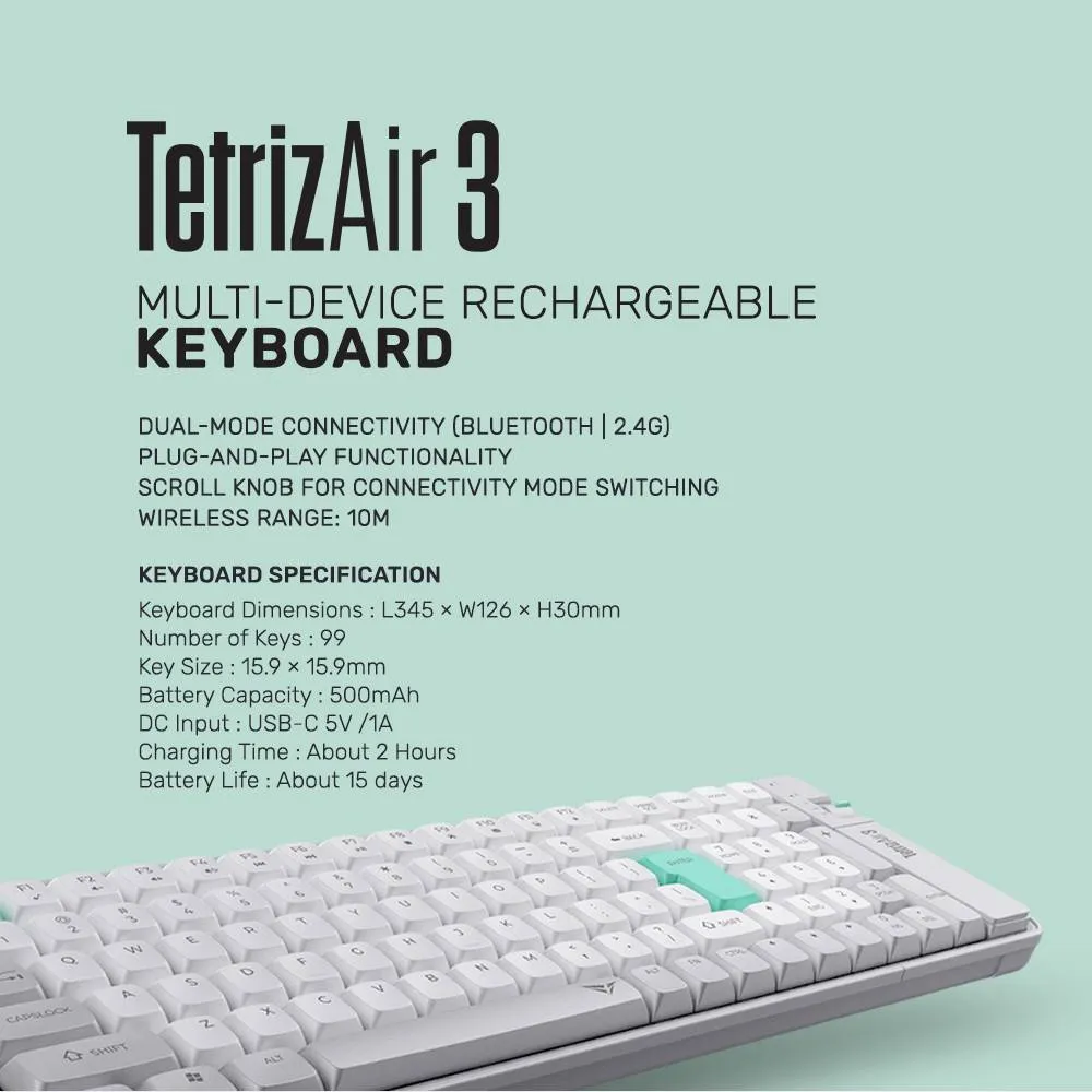 Alcatroz Tetriz Air 3 Wireless Keyboard | Bluetooth 5.3 | Dual Mode | 99 Keys | Rechargeable Battery