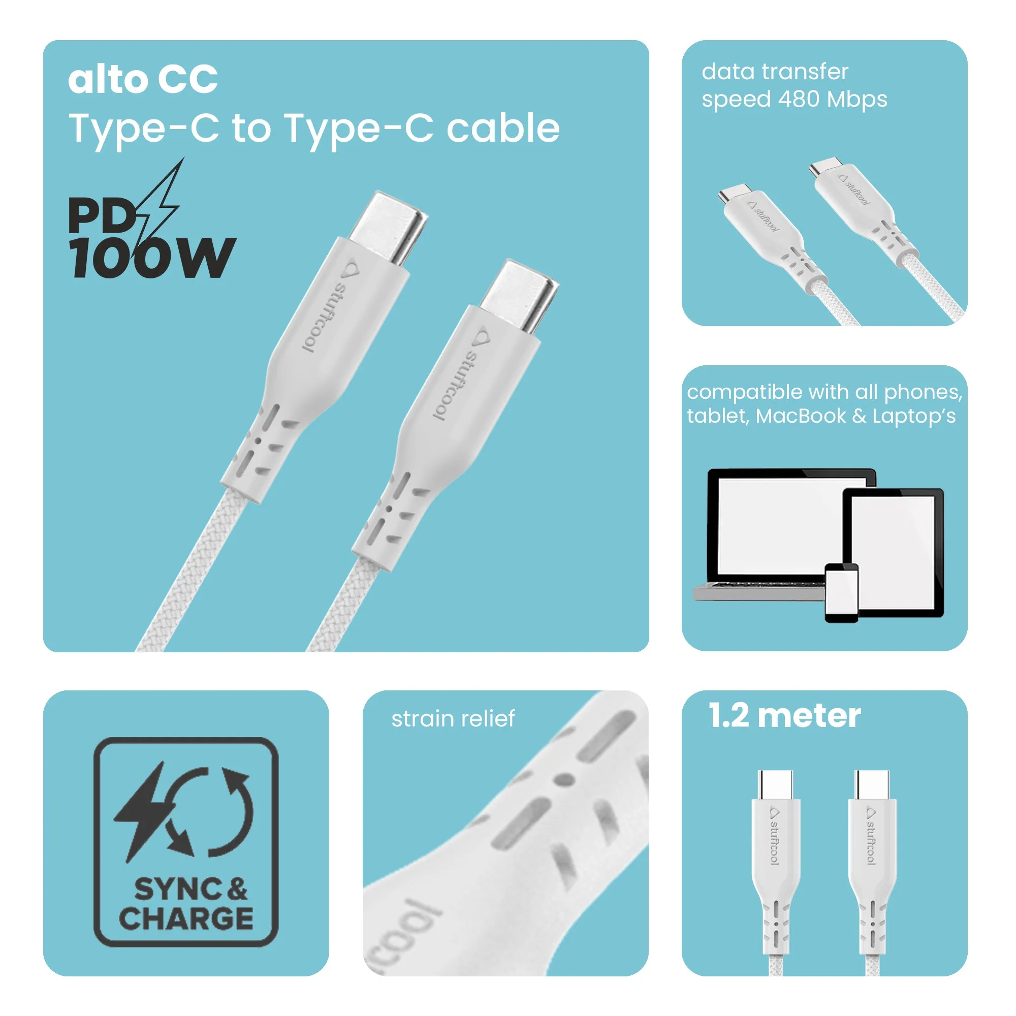 Alto C To C 100W 5A Cable fast USB C to C compatible for MacBooks , Laptops and Upto Galaxy S23 Series.