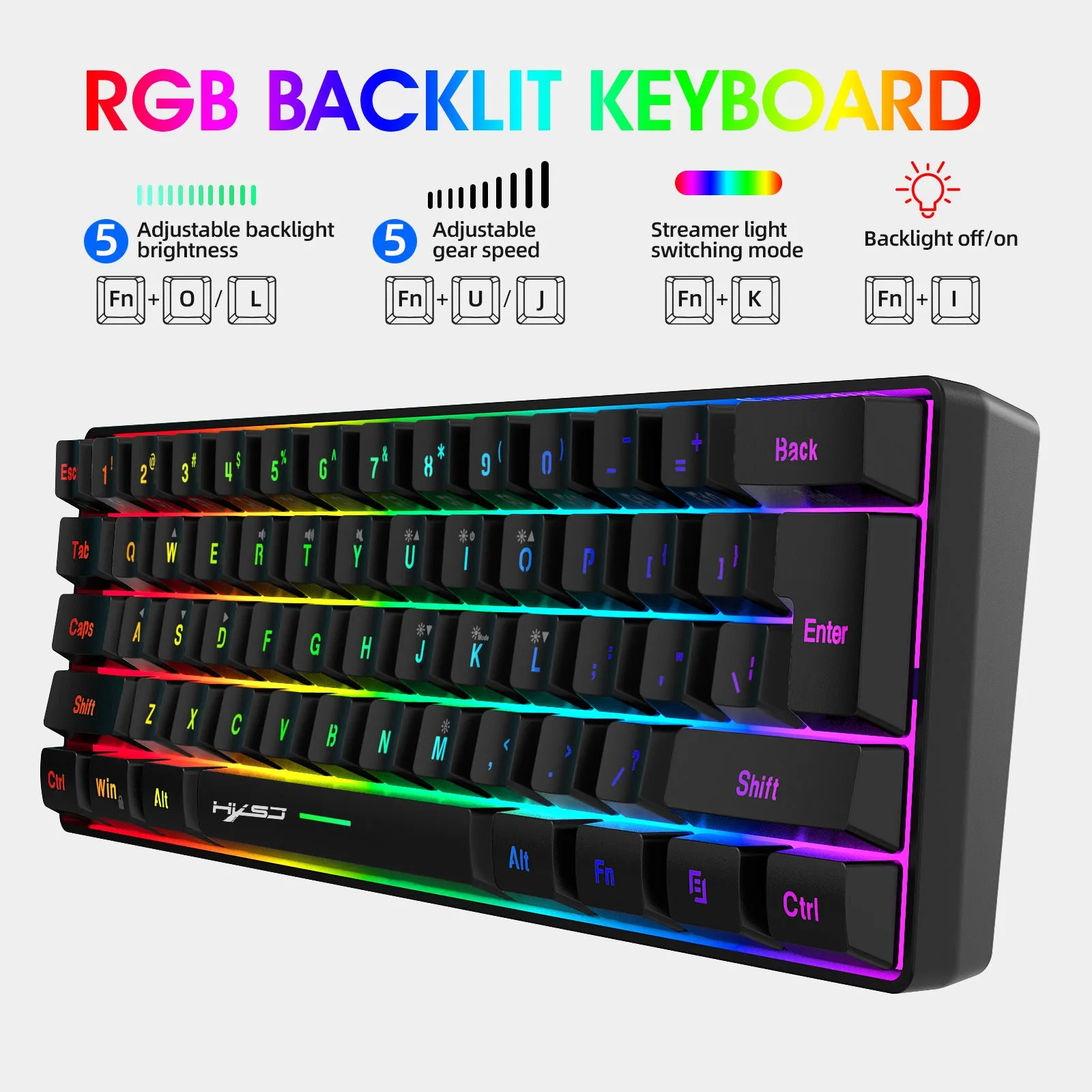 Anti-ghosting Ultra Compact 61 Keys Wired Membrane Keyboard with RGB Backlit for Windows/Mac