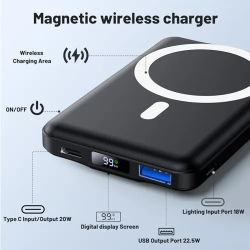 AOGUERBE for Magsafe Battery Pack, 10000mAh Magnetic Power Bank 15W Wireless Portable Charger, LED Display & Foldable Stand & Lighting Input, Slim Magnetic Charger for iPhone 16/15/14/13/12 Series