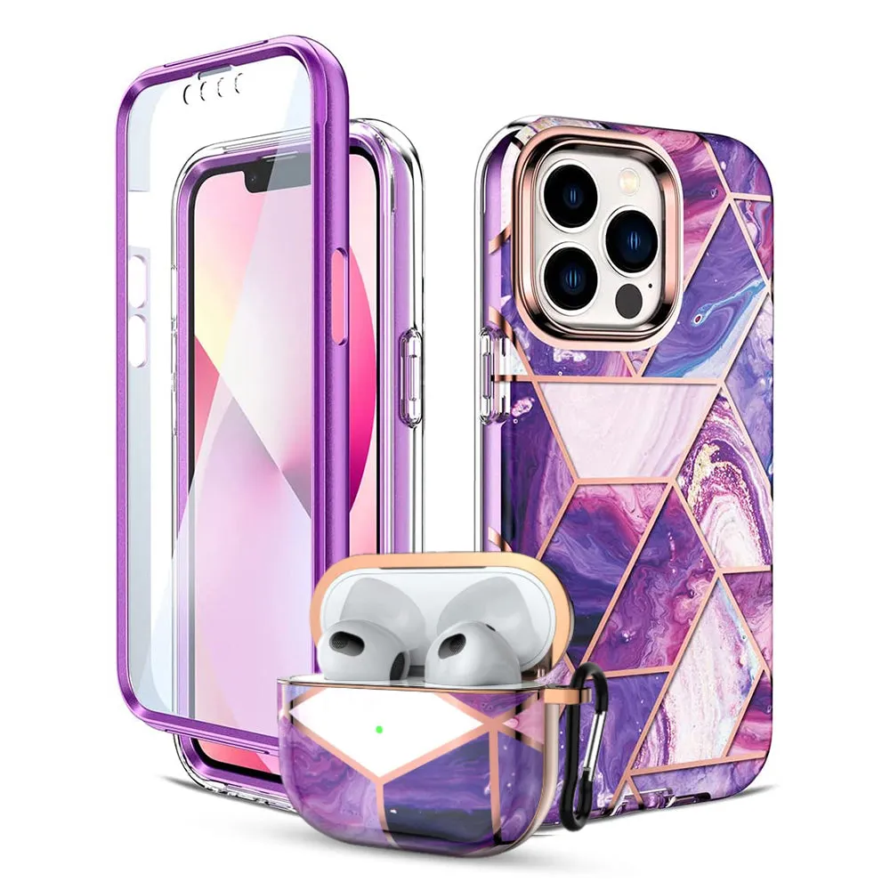 Apple iPhone 13 Pro Case  Air Pods 3rd Generation Case | Marble Shockproof Bumper Stylish Slim Phone Cases |  Purple