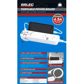 ARLEC PORTABLE POWER BOARD WITH USB-A & USB-C OUTLETS