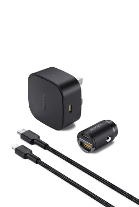 Aukey 20W Compact PD Charger   USB-C - Lightning Cable    30W Car Charger / Black - Bundle Offer