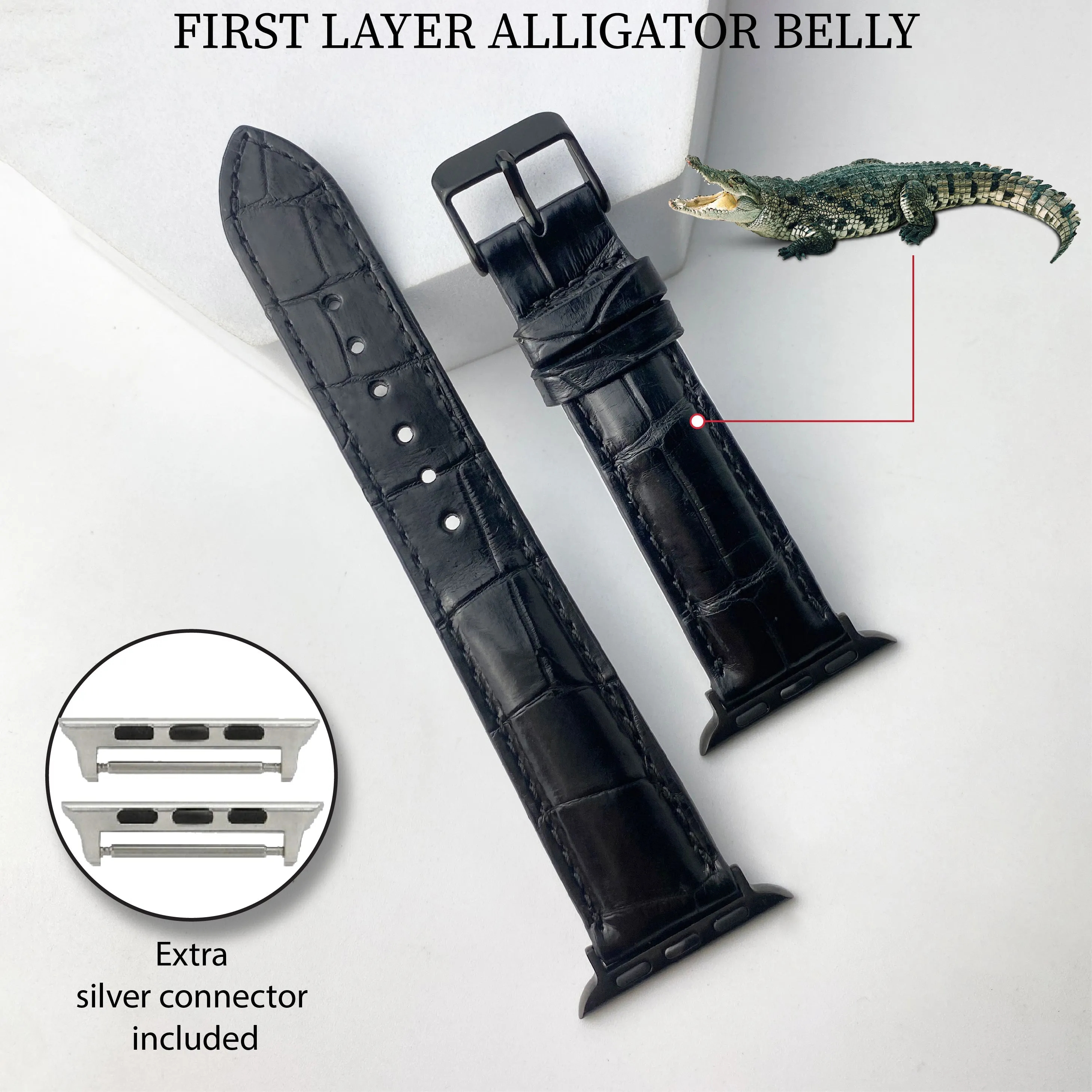 Black Alligator Leather Strap for Apple Watch Ultra Series 8 7 6 5 4 3 SE | AW-01