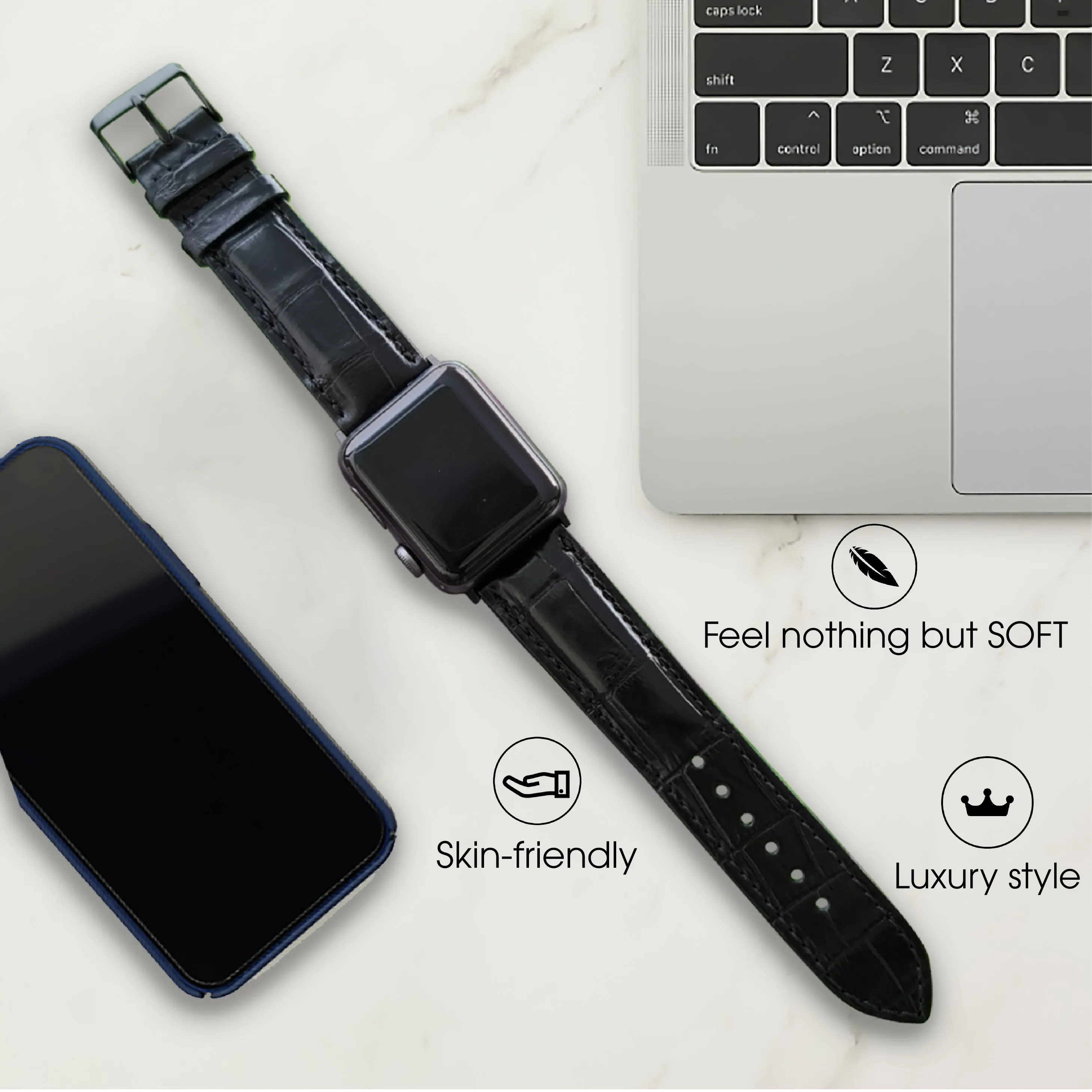 Black Alligator Leather Strap for Apple Watch Ultra Series 8 7 6 5 4 3 SE | AW-01