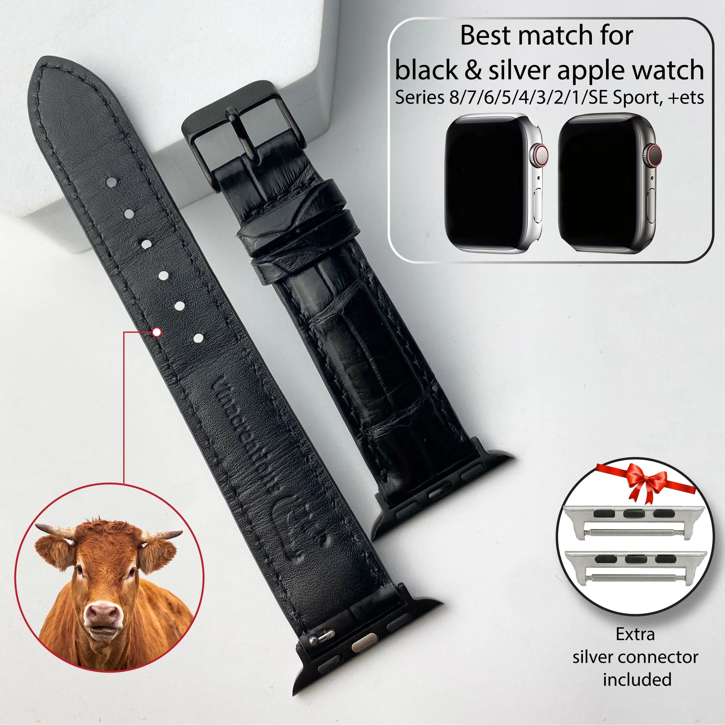 Black Alligator Leather Strap for Apple Watch Ultra Series 8 7 6 5 4 3 SE | AW-01