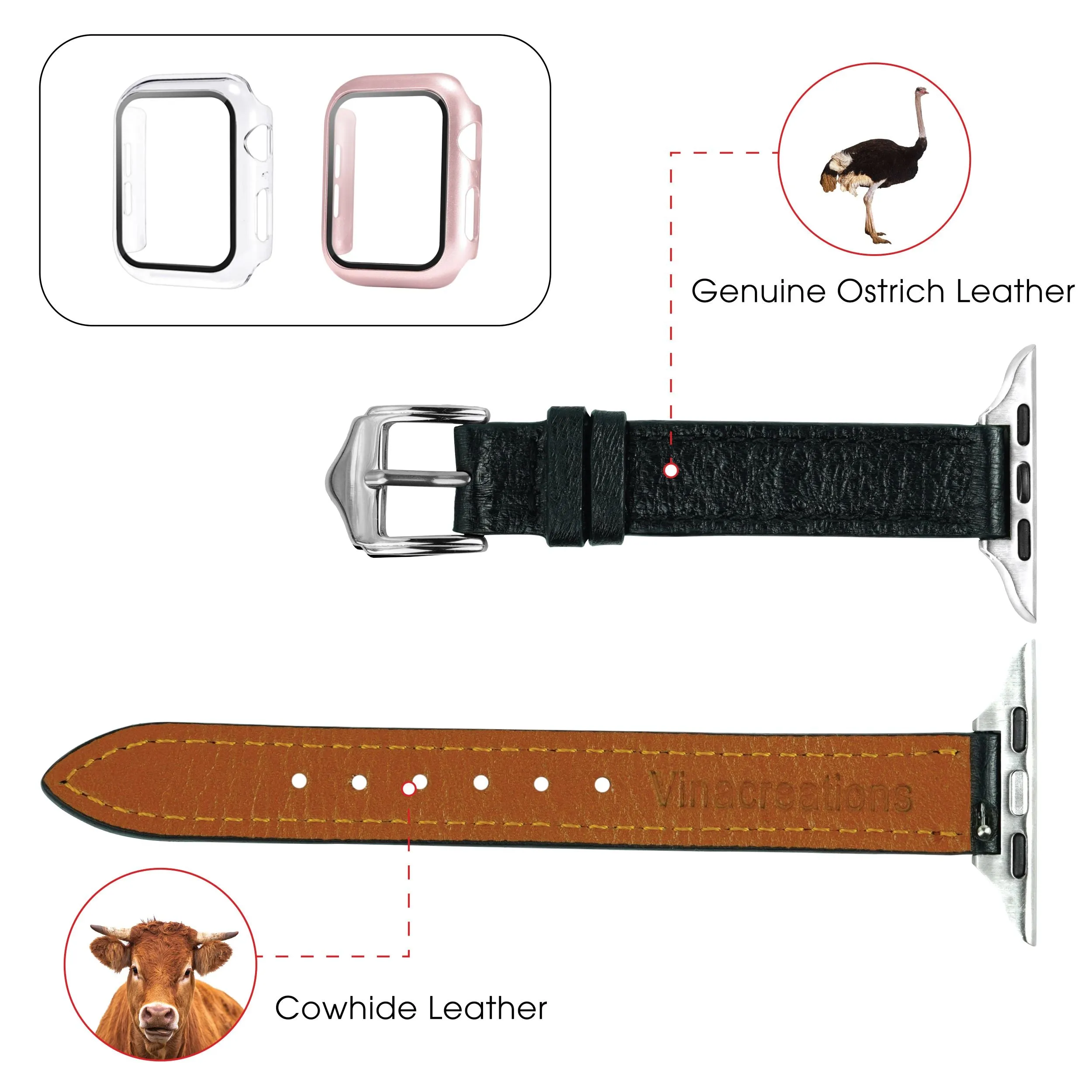 Black Flat Ostrich Leather Band Compatible Apple Watch Iwatch 42mm Screen Protector Case Silver Adapter Replacement Strap For Smartwatch Series 1 2 3 Leather Handmade AW-181S-W-2MM