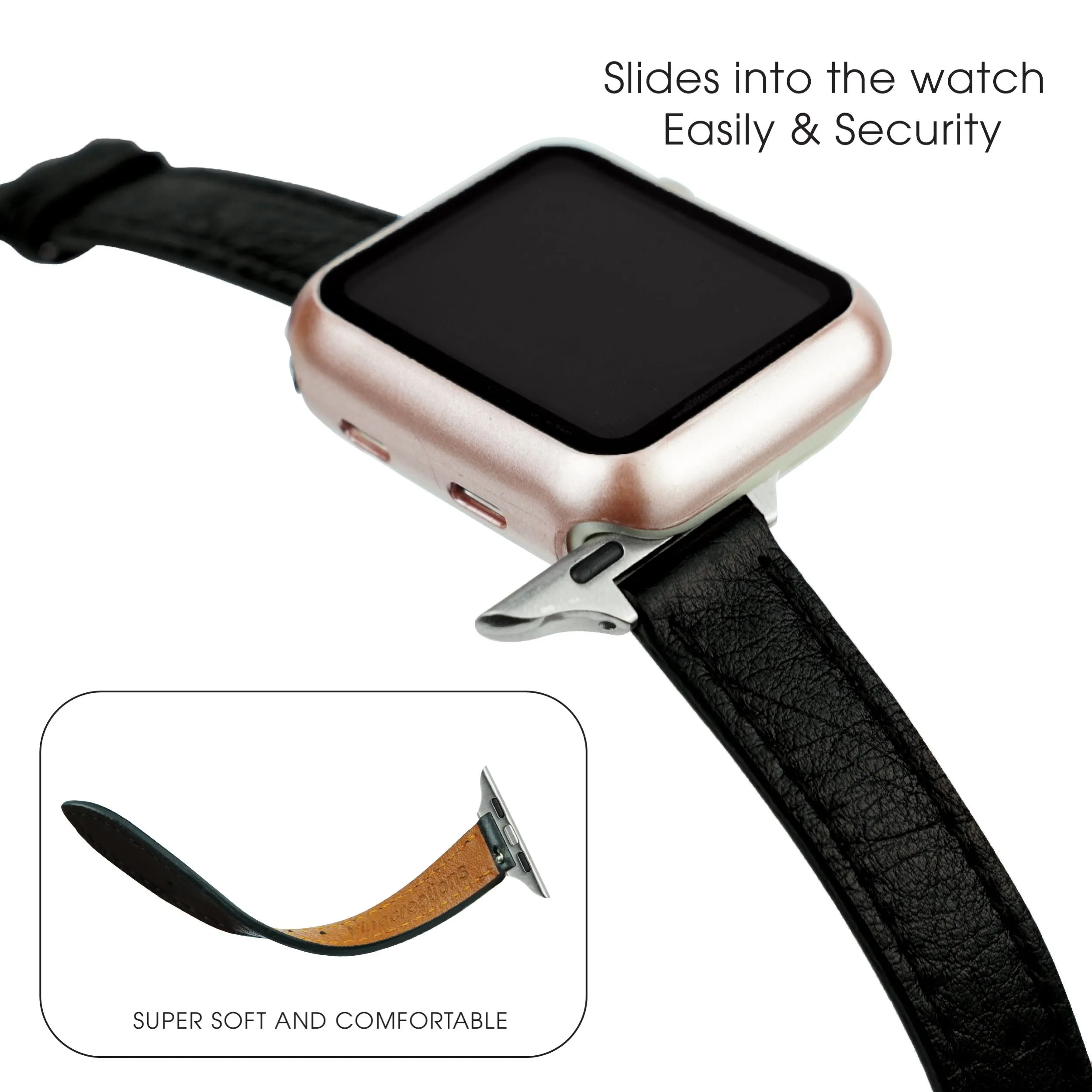 Black Flat Ostrich Leather Band Compatible Apple Watch Iwatch 44mm Screen Protector Case Silver Adapter Replacement Strap For Smartwatch Series 4 5 6 SE Leather Handmade AW-181S-W-44MM