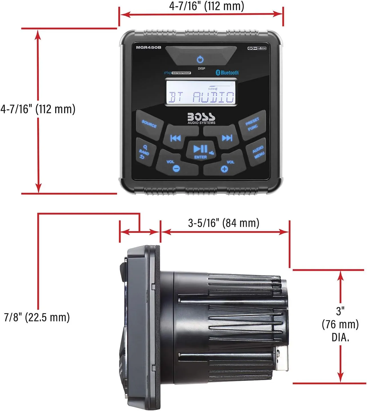 BOSS Audio MGR450B In-Dash, Marine Gauge, Bluetooth, Digital Media MP3 / WMA/USB/AM/FM Weather-Proof Marine Stereo, (No CD Player), Wired Remote Control Ready (MGR420R Not Included)