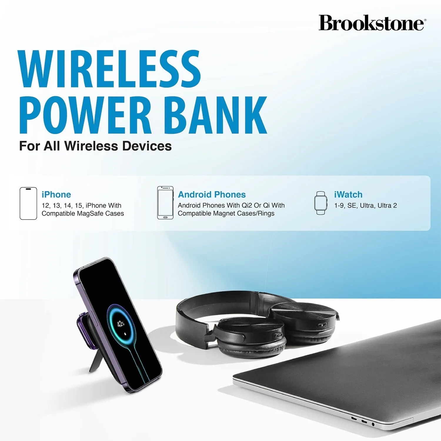 Brookstone Magnetic Charging Wireless Power Bank With Stand & 5000mAh Portable Magnetic Power Bank Charger Fast Charger Battery Pack For iPhone, iWatch, and Airpods