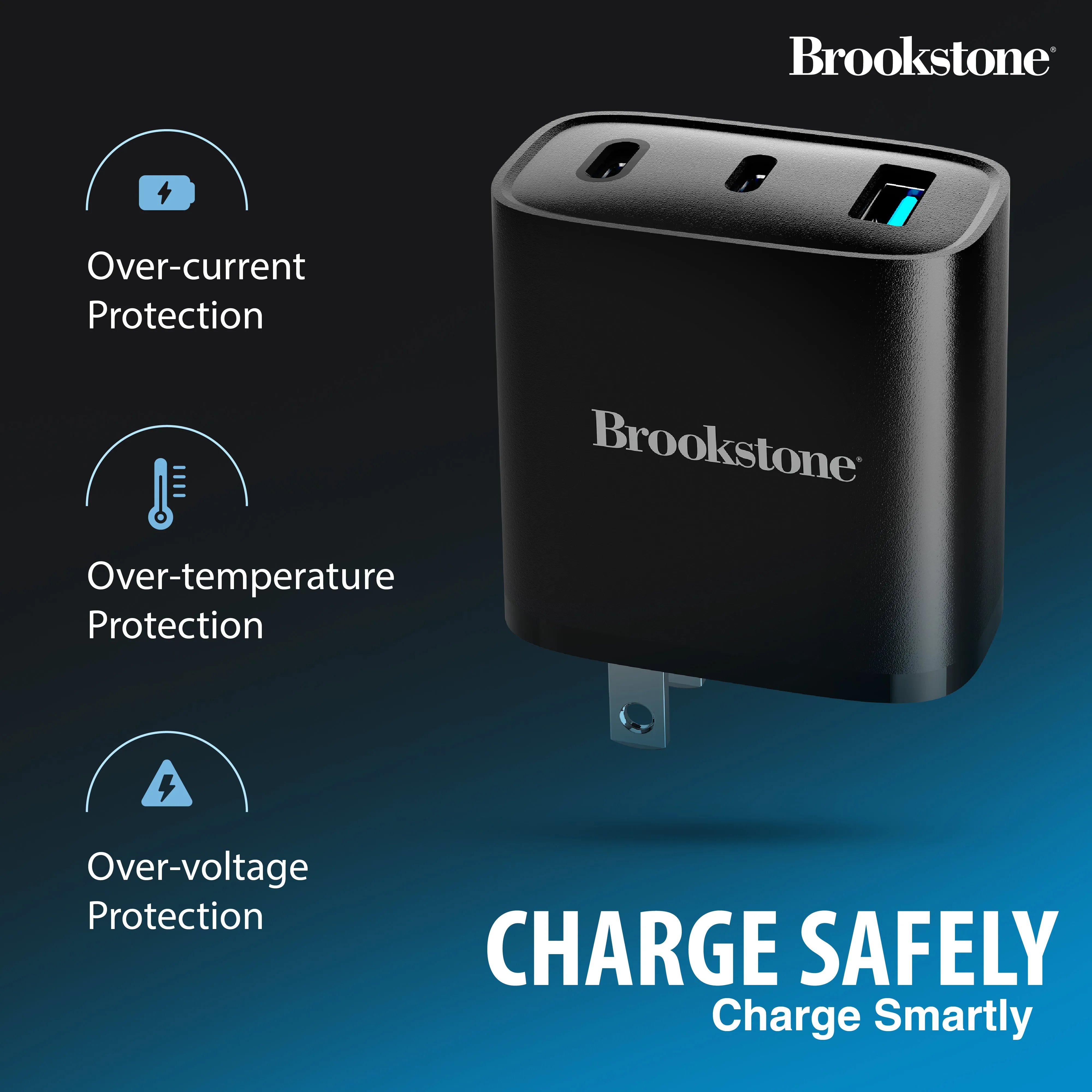 Brookstone PD 40W 3 Port Wall Charger- Dual USB-C and USB A Ports