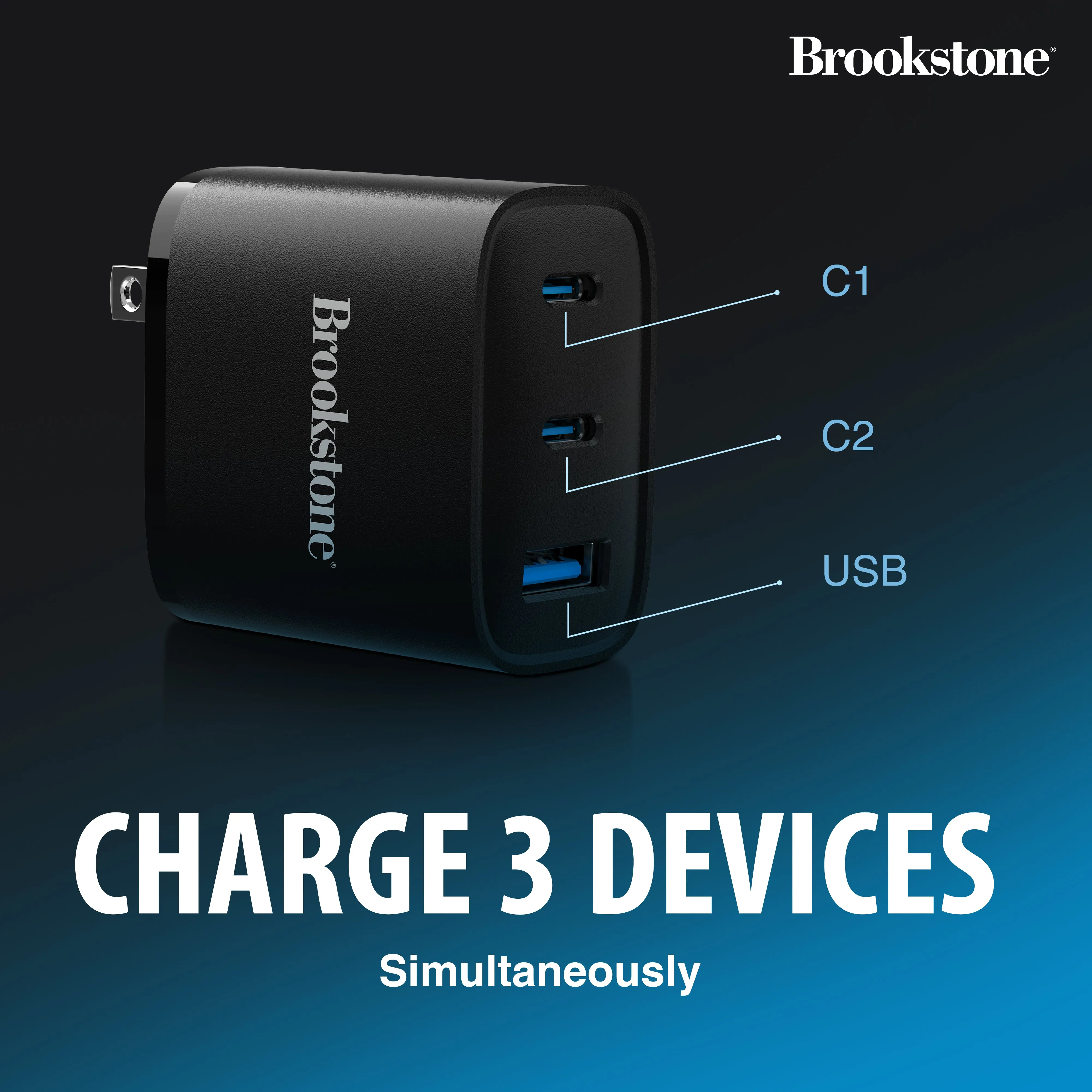 Brookstone PD 40W 3 Port Wall Charger- Dual USB-C and USB A Ports