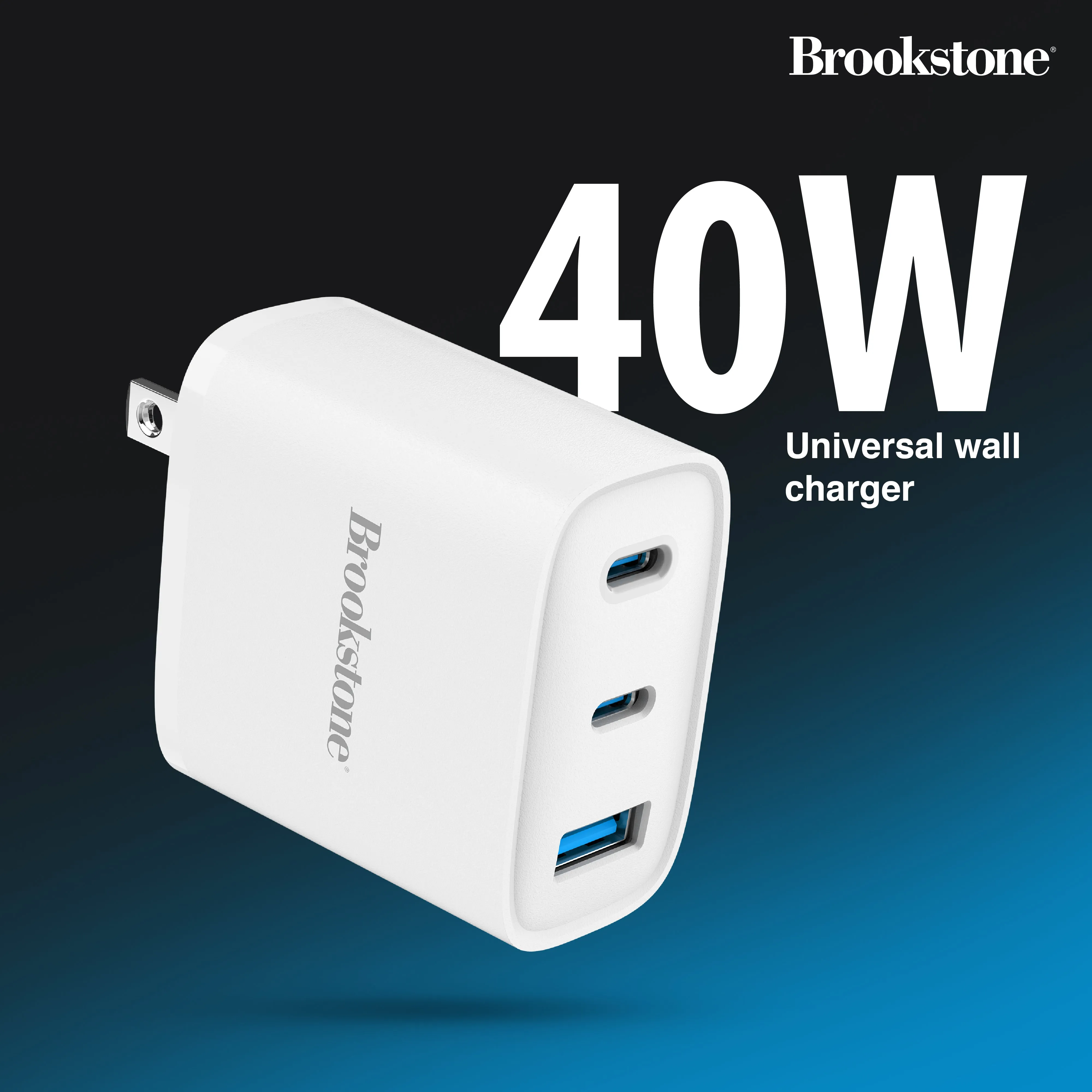 Brookstone PD 40W 3 Port Wall Charger- Dual USB-C and USB A Ports