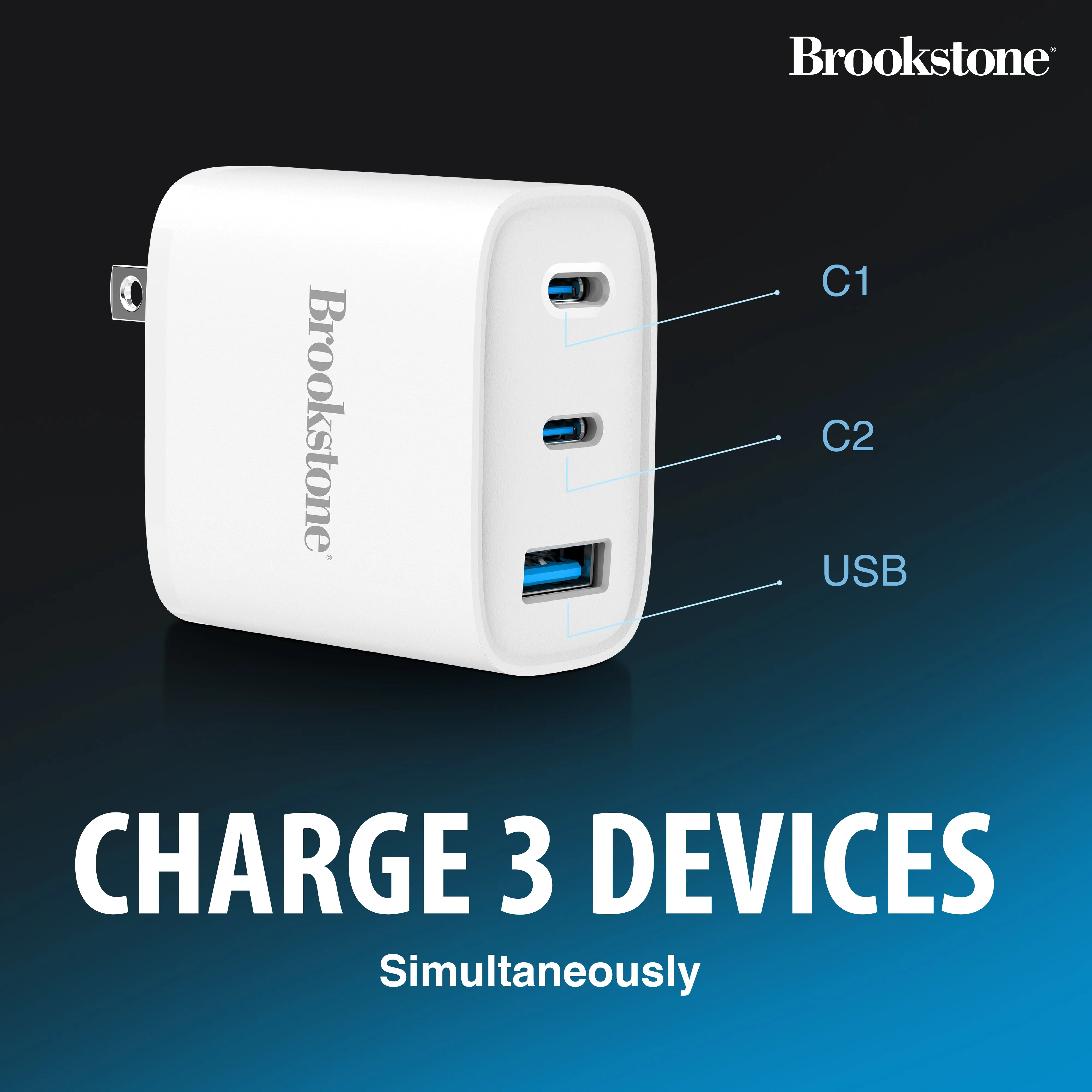 Brookstone PD 40W 3 Port Wall Charger- Dual USB-C and USB A Ports